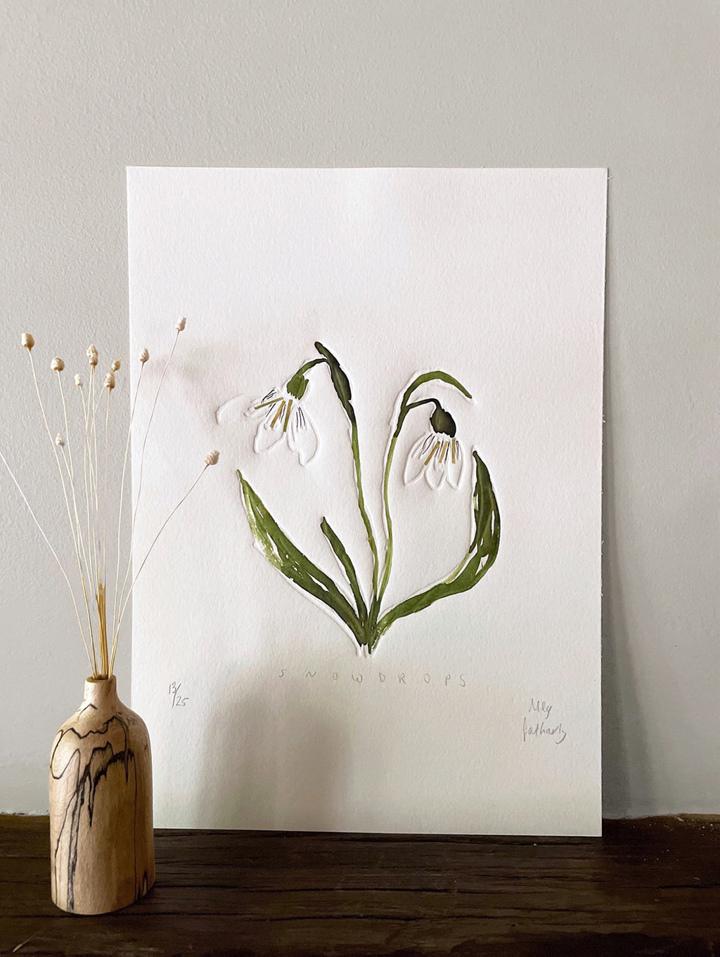 Snowdrops embossing, drawing and collage with wooden bud vase.