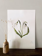 Snowdrops embossing, drawing and collage with wooden bud vase.