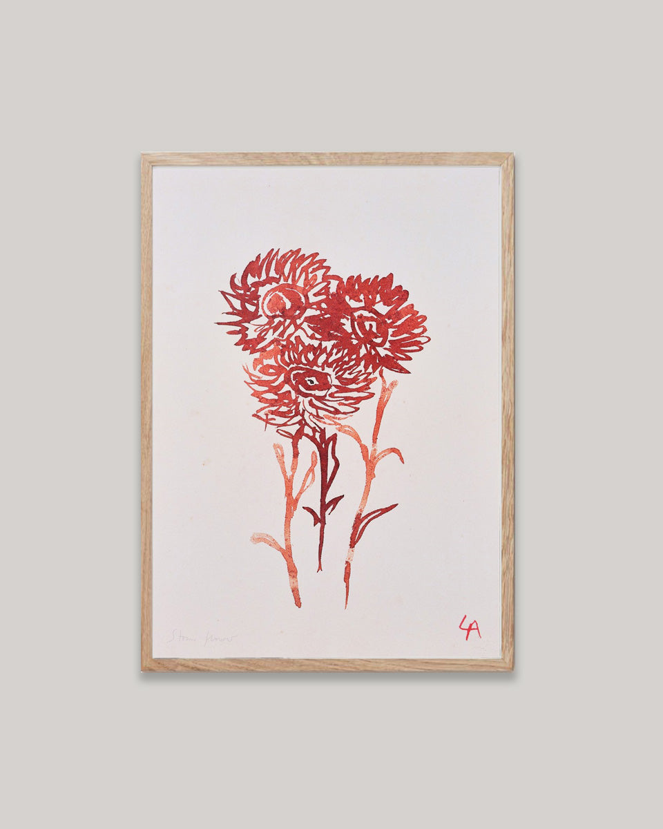 Art print of three Strawflowers in red ink on vintage paper in a natural oak frame