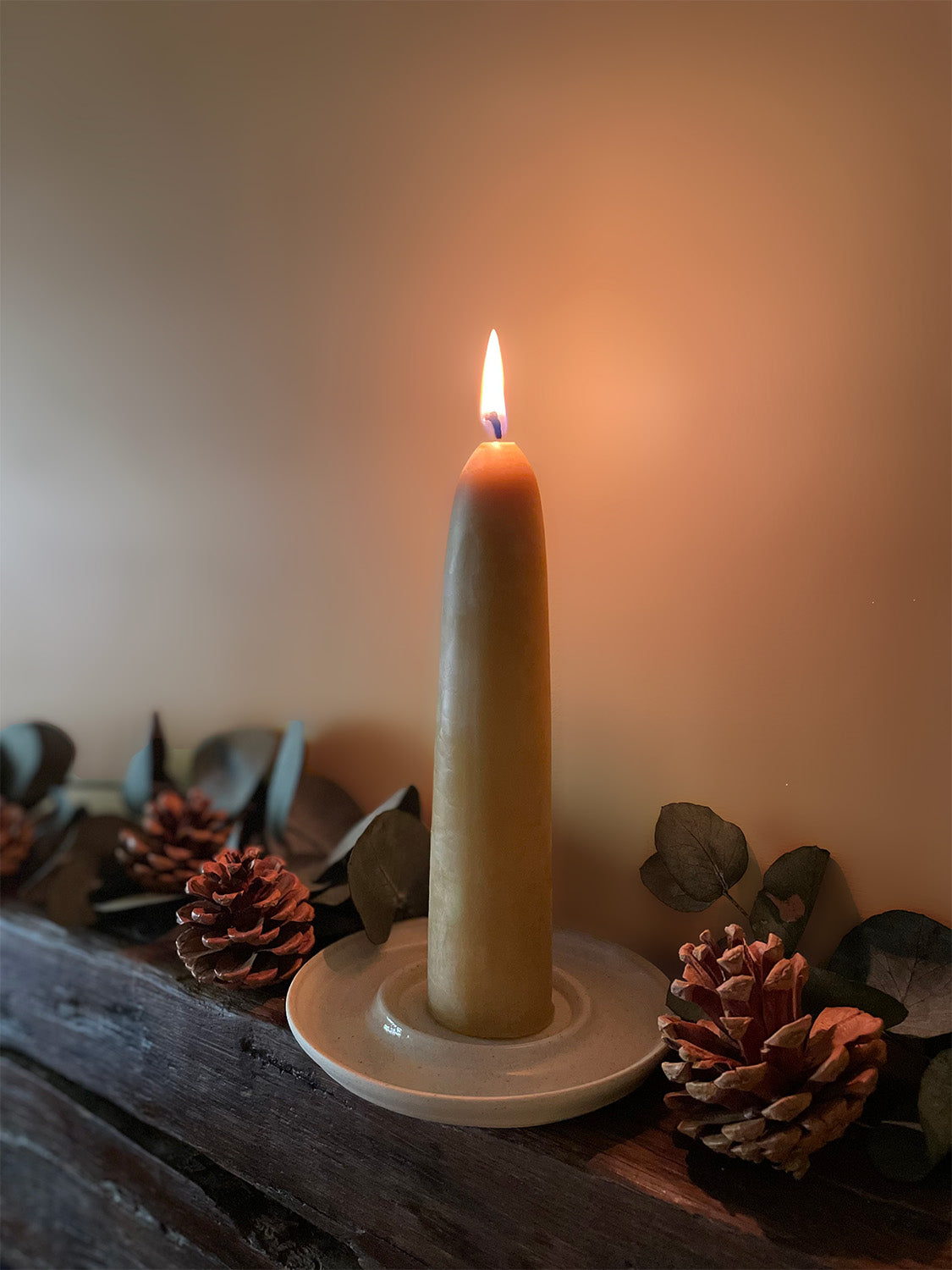A lit beeswax candle in a ceramic stubby candle holder, on a rustic wooden surface with pine cones and green leaves around it.